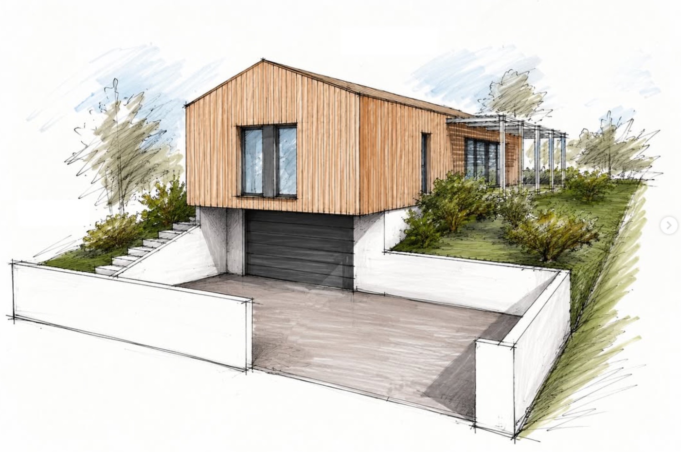 Croquis d'architecte — maison contemporaine à ossature bois, projet de maîtrise d'œuvre dans le Pays de Retz